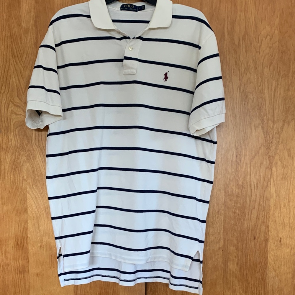 Polo by Ralph Lauren 100% Cotton Pique Classic White Polo w/ Navy Stripes Sz L